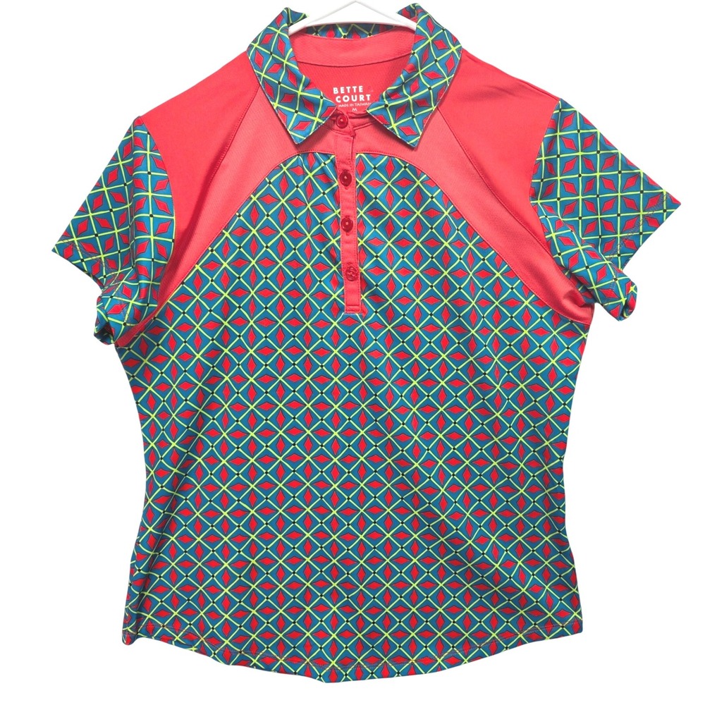 Bette and Court‎ Womens Geometric Diamond Print Golf Polo Shirt Red Teal Size M